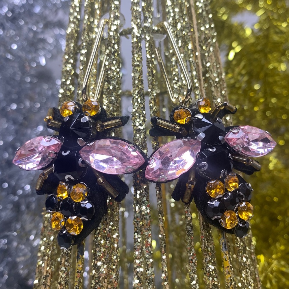 Embellished Jeweled Bee Insect Bug Beaded Earrings - Picture 3 of 10